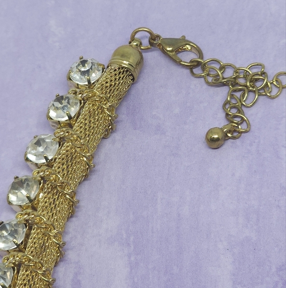 Gold Tone & Rhinestone Statement Mesh and Chain Necklace - Picture 7 of 10